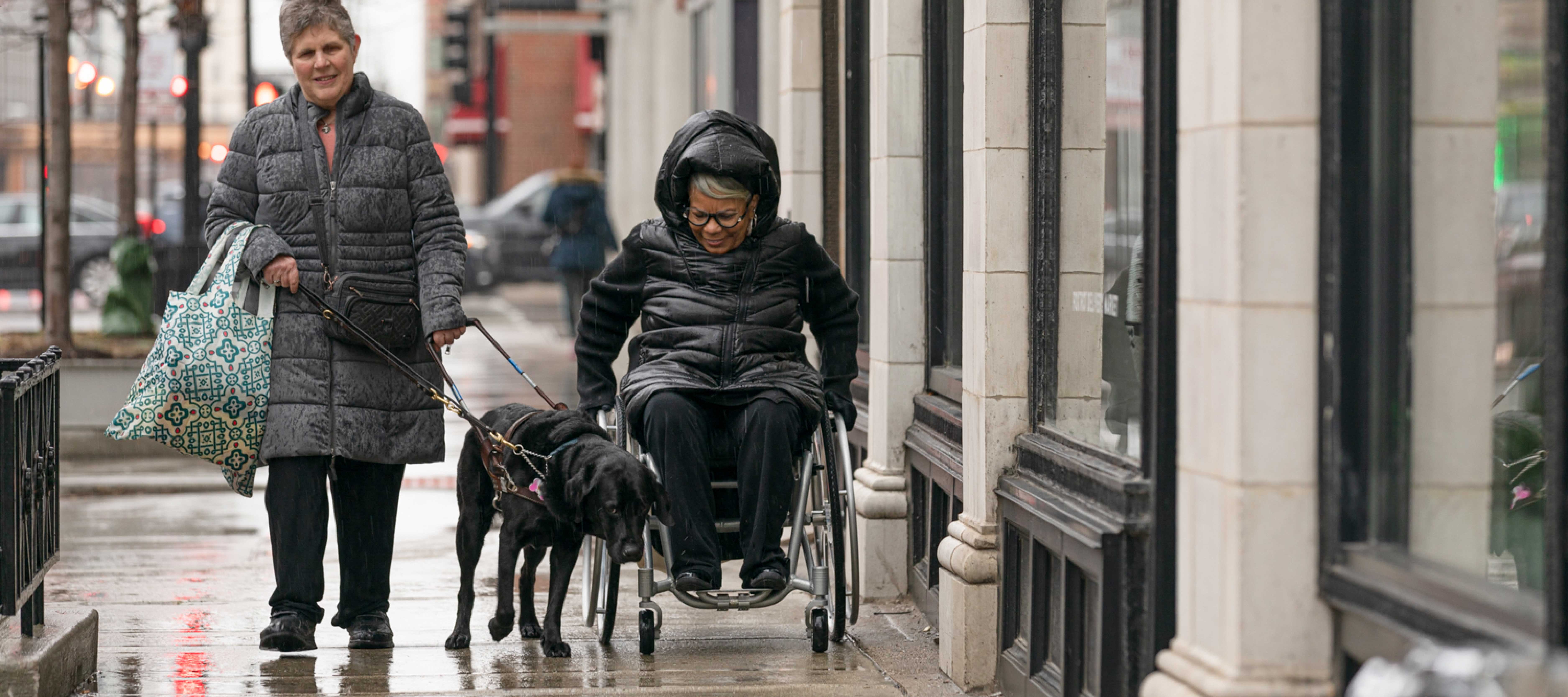 Woman with service dog and wheelchair user walking city street